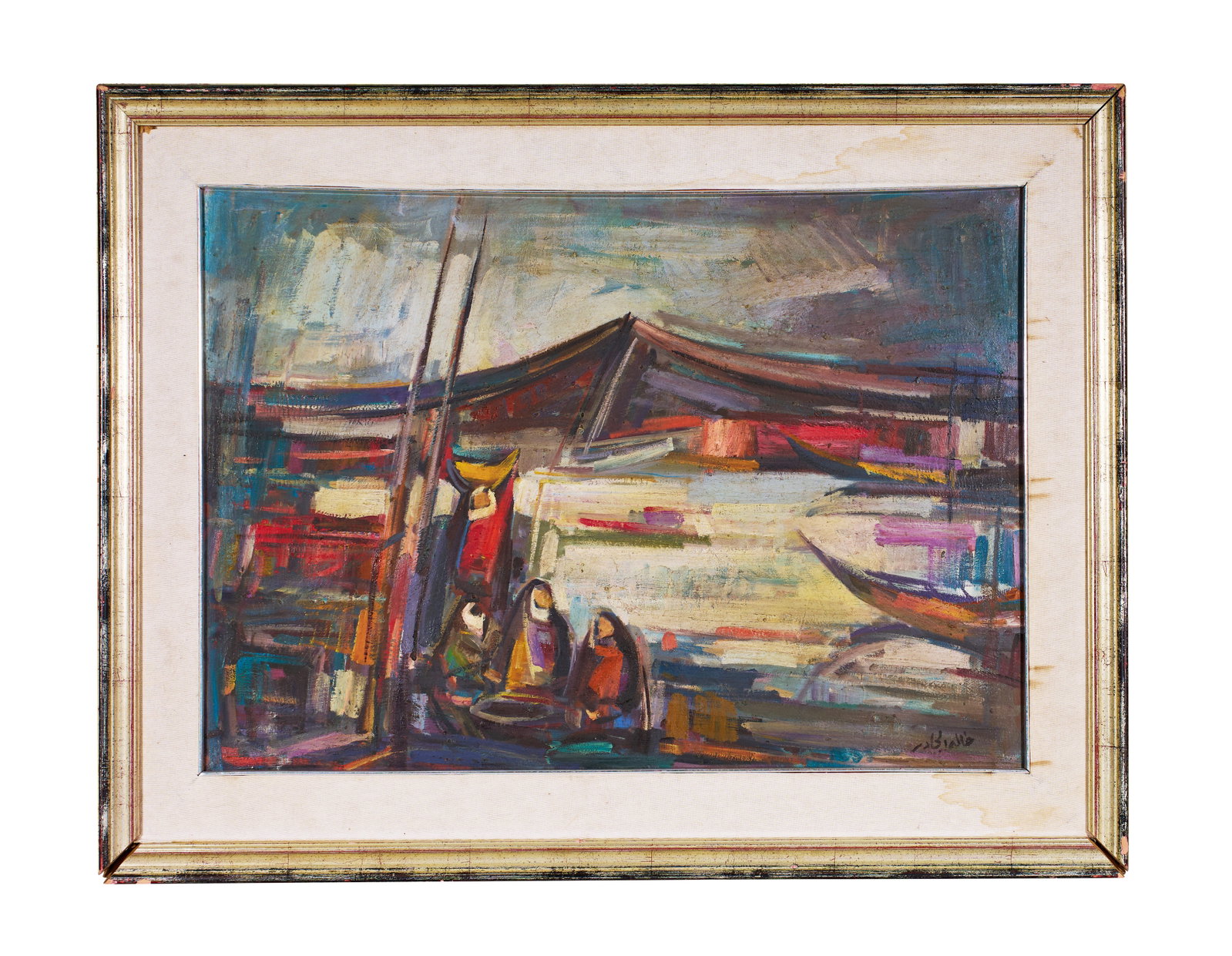 KHALED AL-JADER (IRAQI, 1924-1988), ABSTRACTED HARBOUR SCENE WITH FIGURES, OIL ON CANVAS (1 of 4)