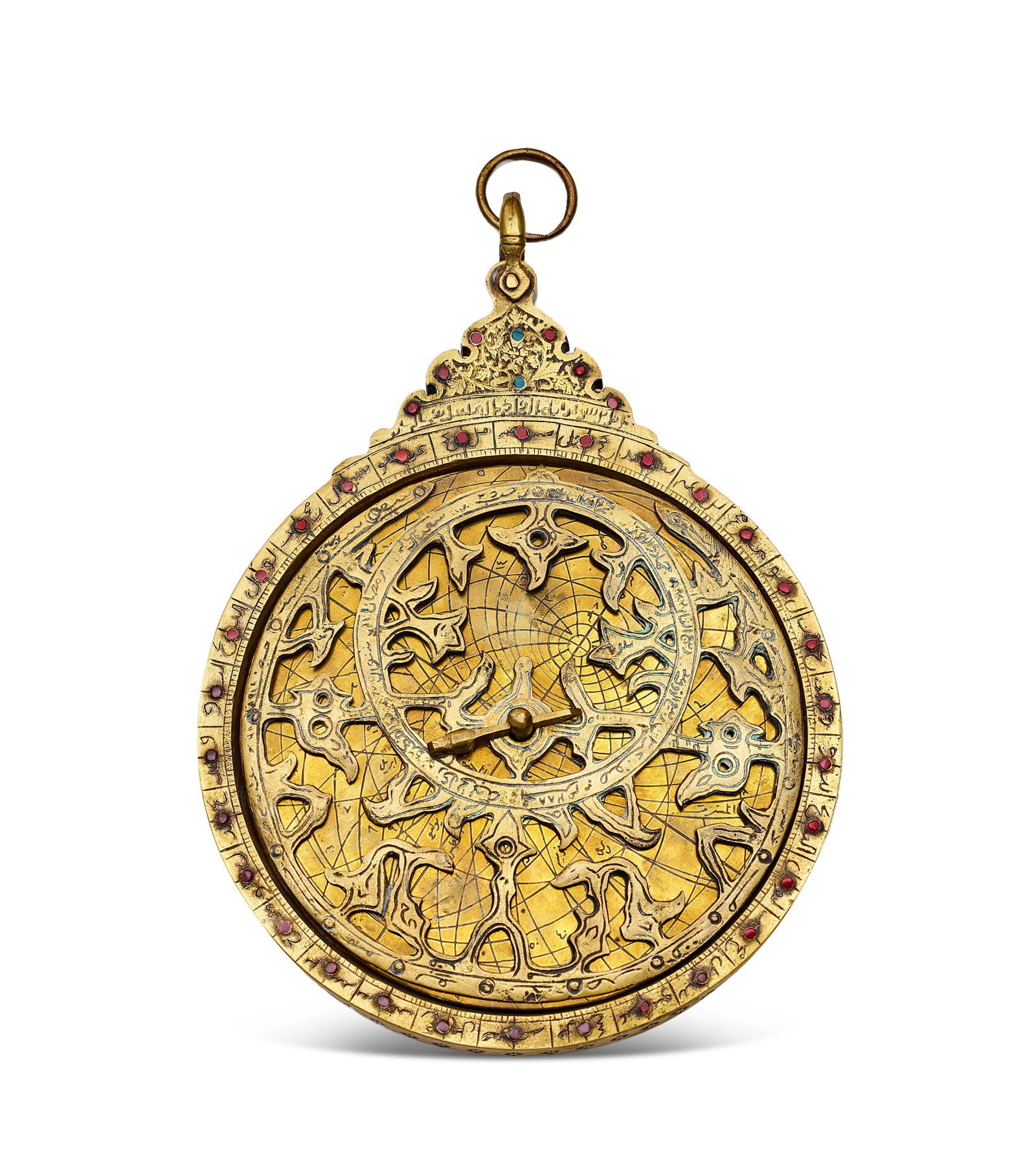 A PERSIAN GEM-SET BRASS PLANISPHERIC ASTROLABE, 19TH CENTURY (1 of 4)