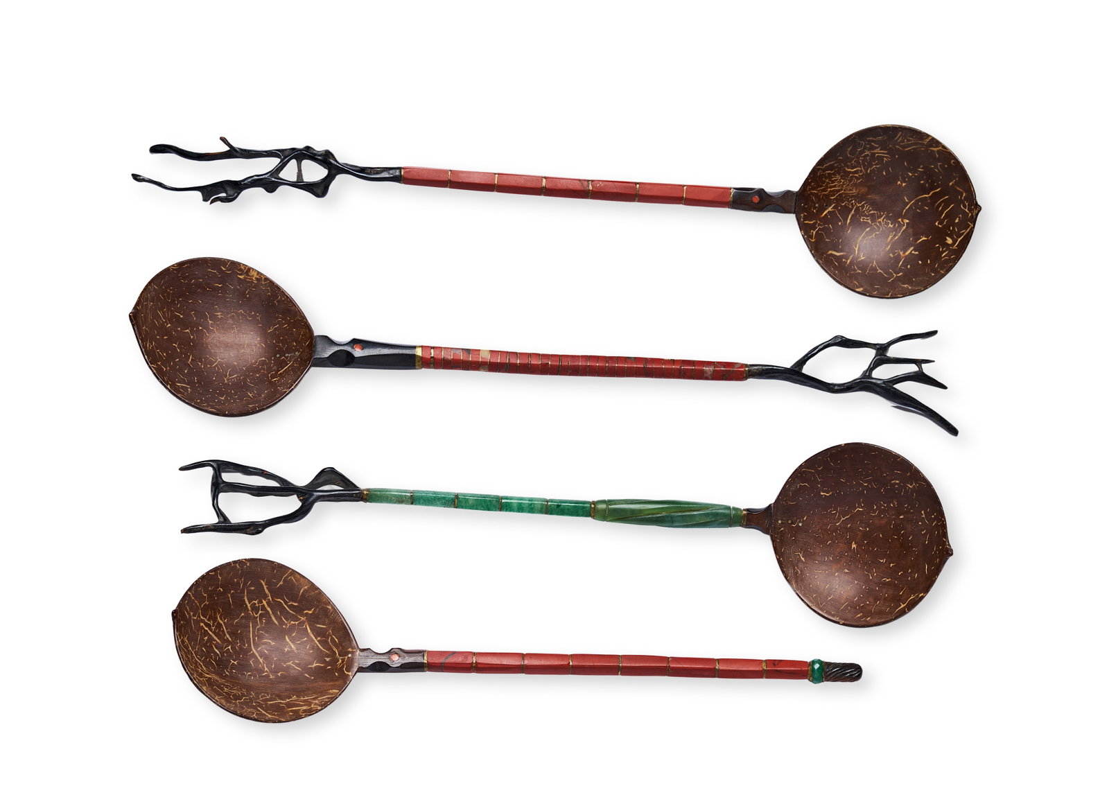 A GROUP OF OTTOMAN TURKISH COCONUT SHELL AND STONE SHERBET SPOONS, TURKEY, 19TH CENTURY: A group of decorative Ottoman Turkish sherbet spoons (??erbet ka??Ä±Ä?Ä±), typically used for serving sweetened drinks or fruit compotes. Each spoon features a deep, circular or slightly ovate bo