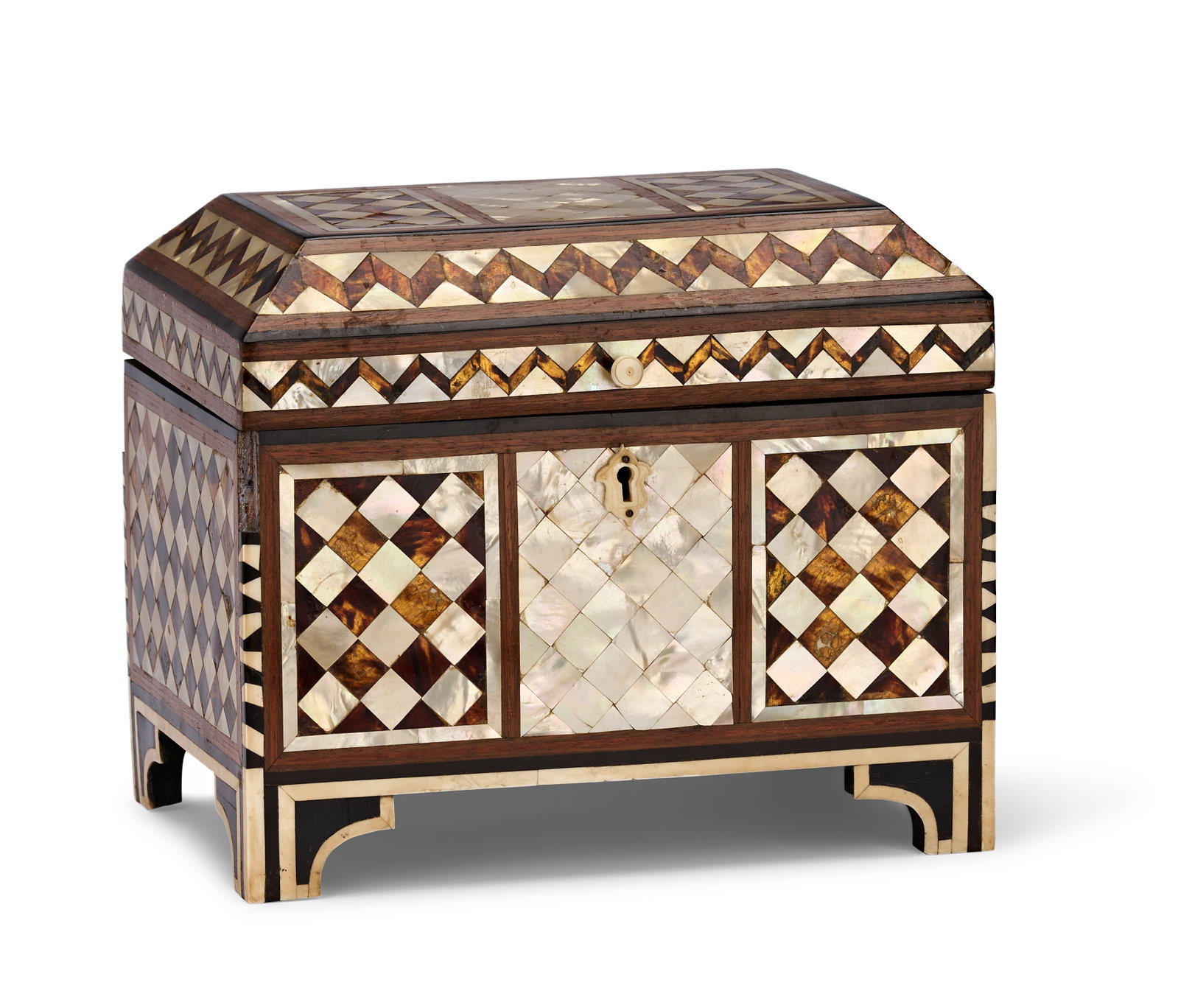 A TURKISH OTTOMAN STYLE MOTHER-OF-PEARL AND TORTOISESHELL INLAID CASKET, 20TH CENTURY (1 of 5)
