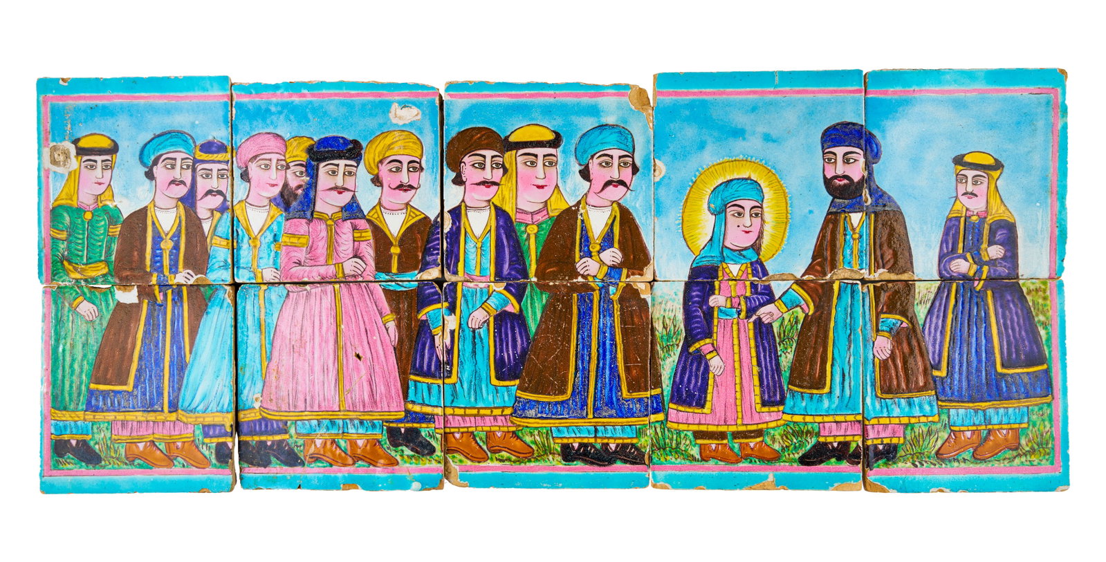 A LARGE QAJAR TILES DEPICTING PROPHET JOSEPH, 19TH CENTURY: A Qajar tile panel from 19th-century Persia, depicting the biblical and Quranic story of Prophet Josef (Joseph) among his brothers. The composition is spread across multiple tiles, showcasing richly d