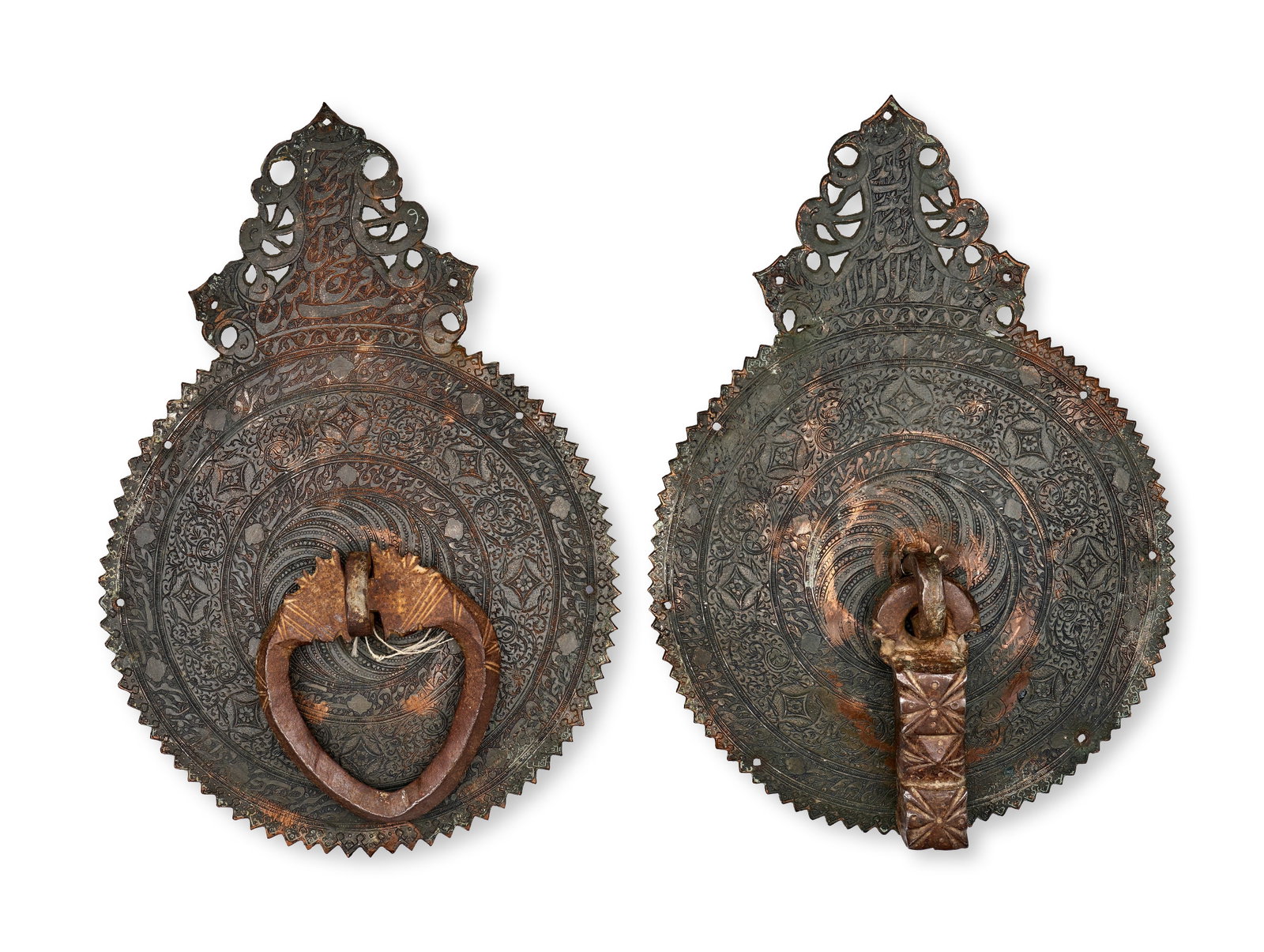 A PAIR OF PERSIAN CALLIGRAPHIC COPPER ALLOY DOOR KNOCKERS, LATE SAFAVID - EARLY QAJAR, 18TH - 19TH (1 of 5)