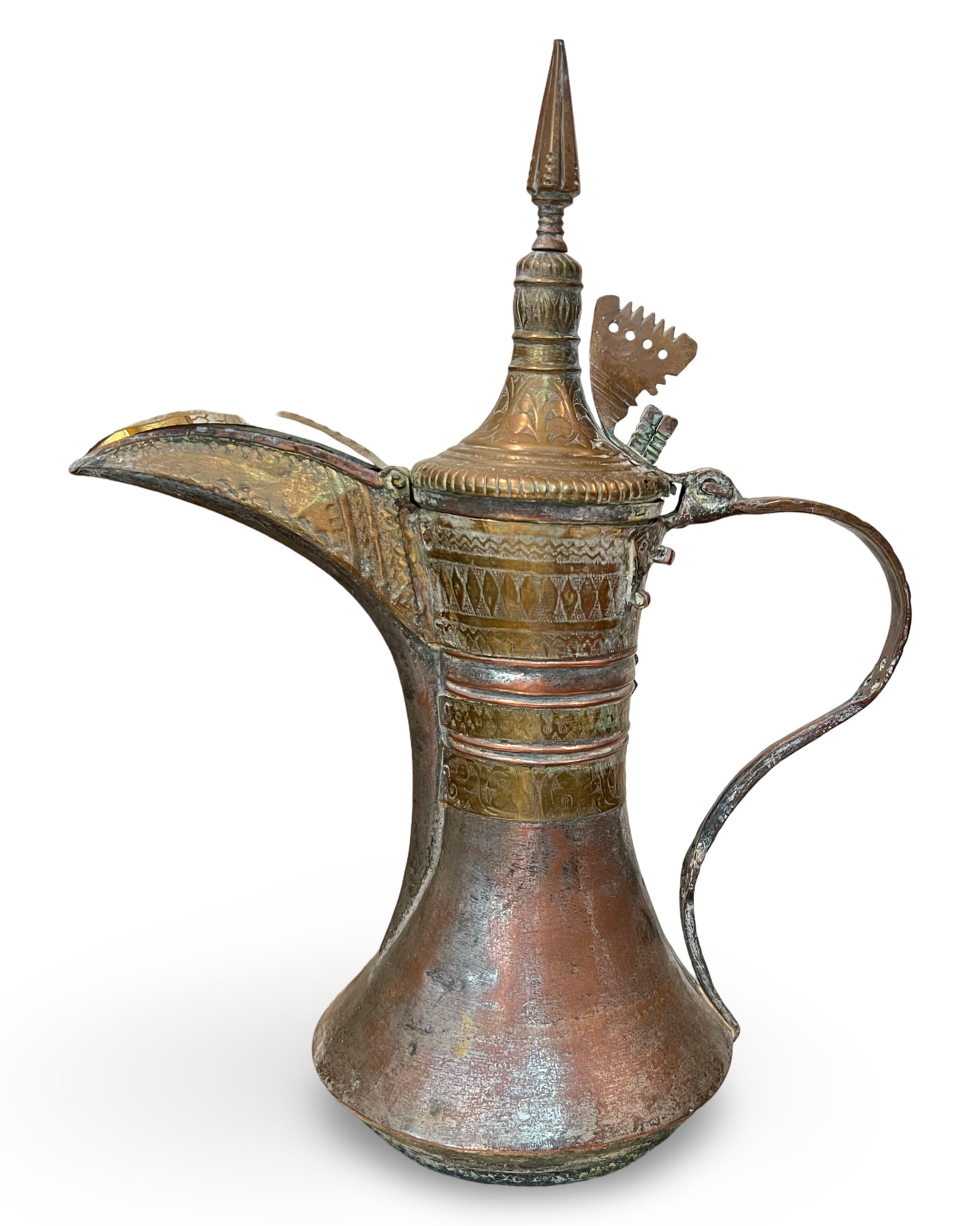 A LARGE ARABIAN COPPER AND BRASS DALLAH COFFEE POT, 19TH - 20TH CENTURY (1 of 4)