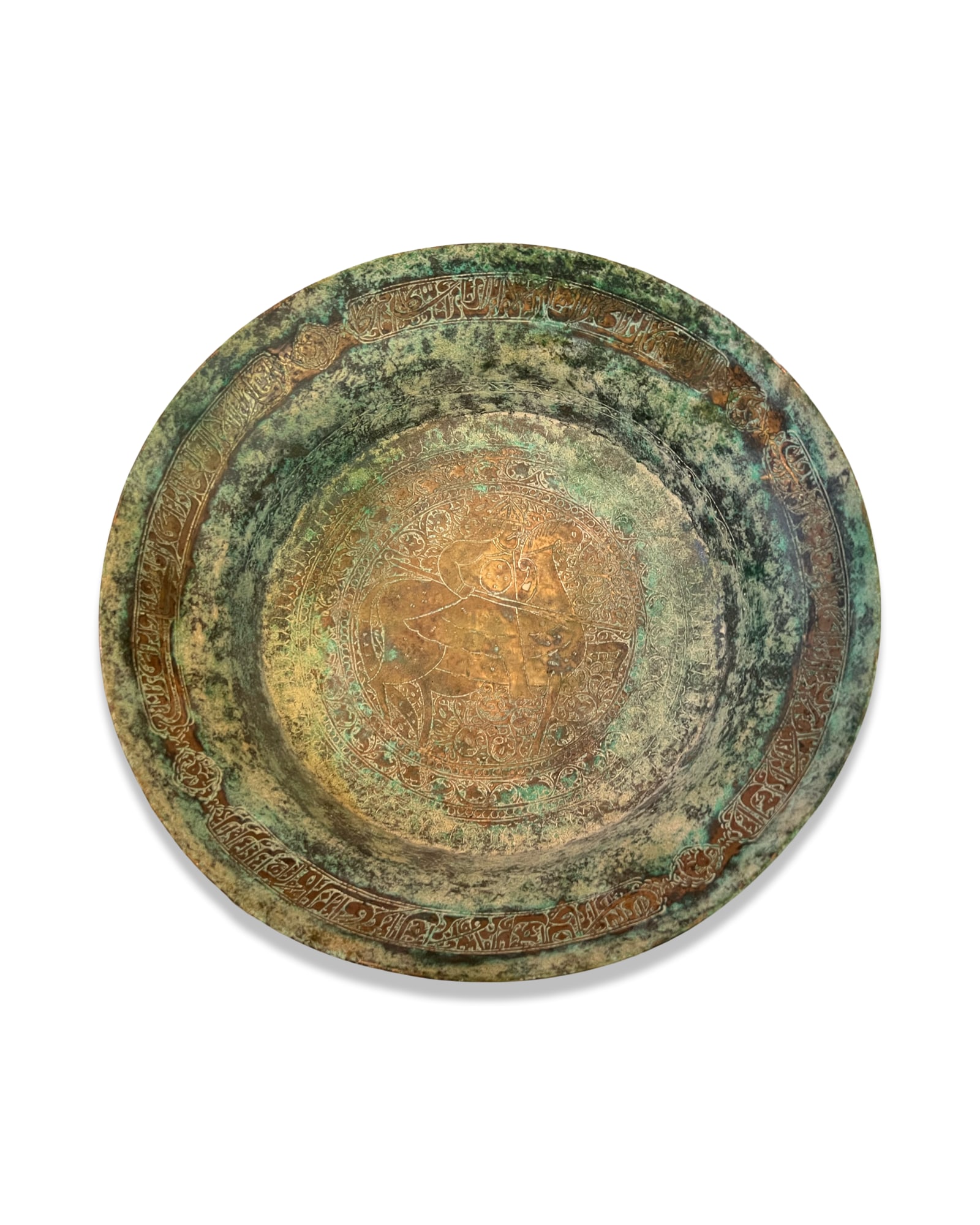 AN ENGRAVED COPPER ALLOY BASIN DEPICTS WARRIOR ON HORSEBACK, LATE TIMURID OR SAFAVID , 16TH - 17TH (1 of 6)