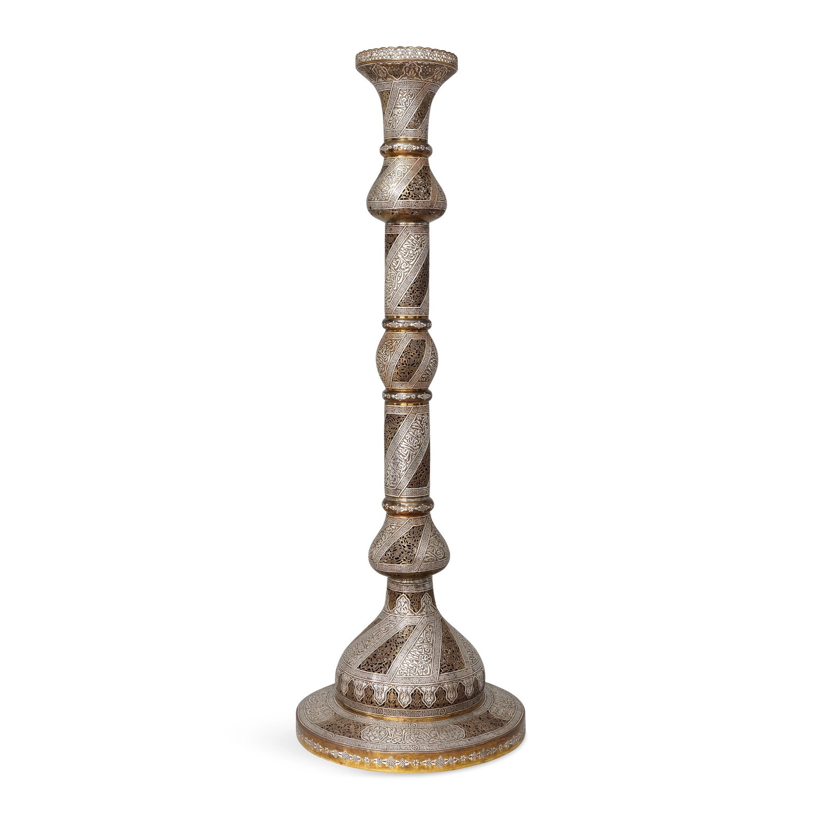 A LARGE MAMLUK REVIVAL SILVER-INLAID BRASS FLOOR CANDLESTICK, EGYPT OR SYRIA, LATE 19TH OR EARLY (1 of 3)