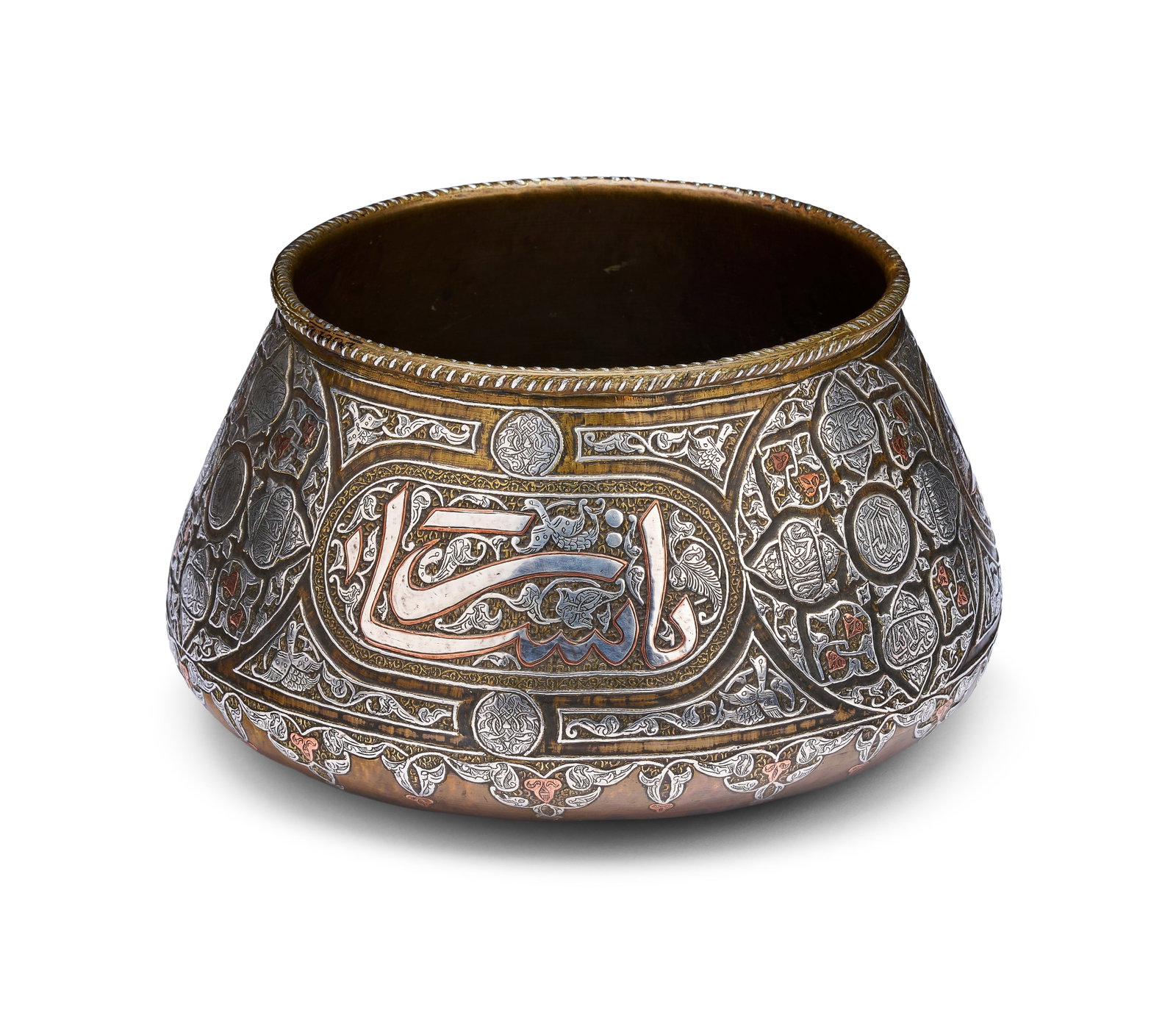 A MAMLUK REVIVAL SILVER AND COPPER INLAID BRASS BOWL, SYRIA, CIRCA 1900 (1 of 4)