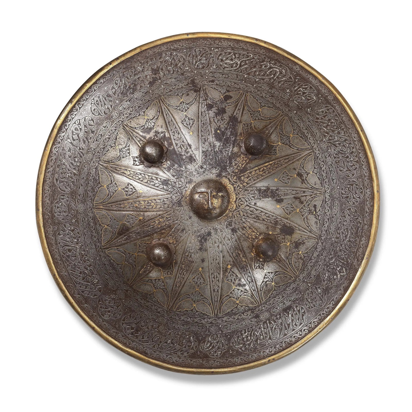 A QAJAR GOLD-DAMASCENED STEEL SHIELD (SIPAR) PERSIA, 19TH CENTURY (1 of 3)