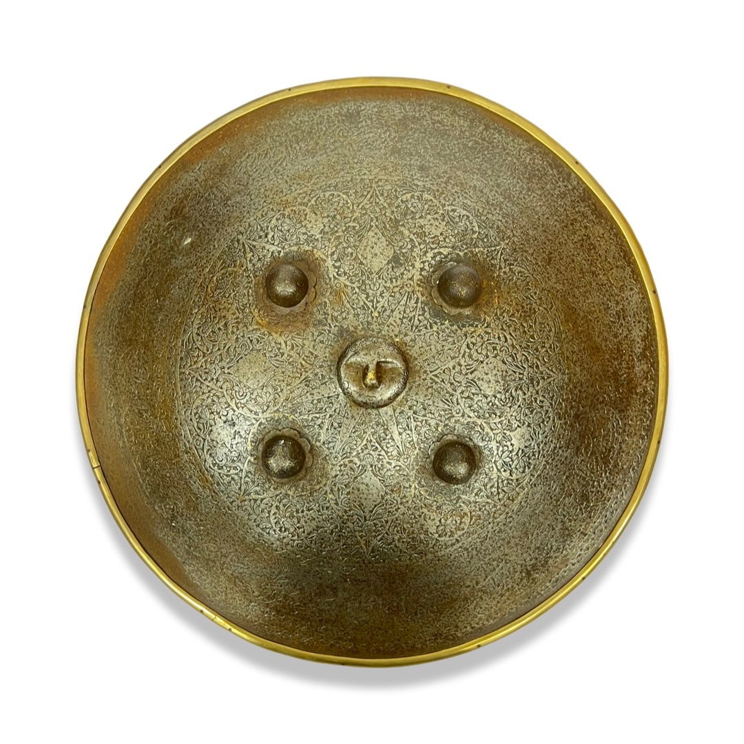 A QAJAR GOLD DAMASCENED STEEL SHIELD, PERSIA, 19TH CENTURY: A QAJAR GOLD DAMASCENED STEEL SHIELD, PERSIA, 19TH CENTURY 47cm Diameter 