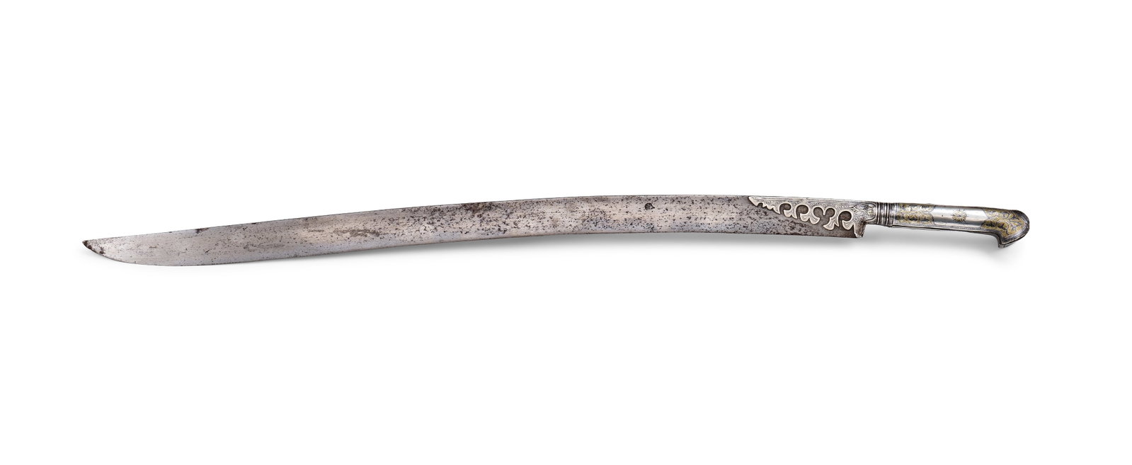 AN OTTOMAN SILVER-GILT MOUNTED YATAGHAN WITH INSCRIBED SPINE, 19TH CENTURY: A 19th century Ottoman yataghan featuring a recurved, single-edged steel blade with a T-backed spine. The blade face bears a small circular impressed muhur containing stylized Ottoman characters that 