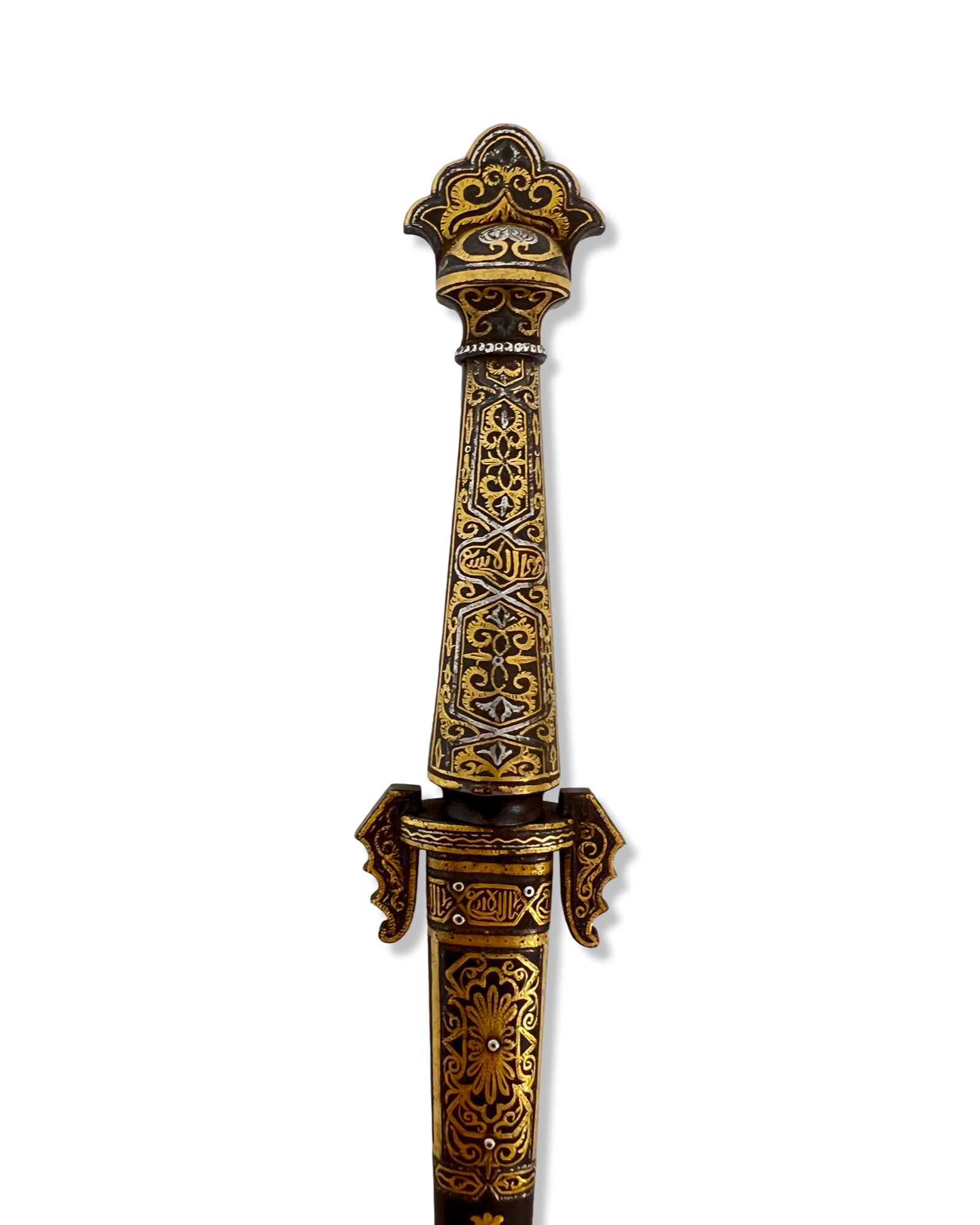 A TOLEDO DAMASCENED STEEL MOORISH STYLE DAGGER AND SCABBARD, 19TH CENTURY: A Spanish steel Moorish style dagger and matching scabbard, measuring 21cm in length. The dagger features a characteristic ear pommel and a tapered grip, decorated throughout with intricate gold and s