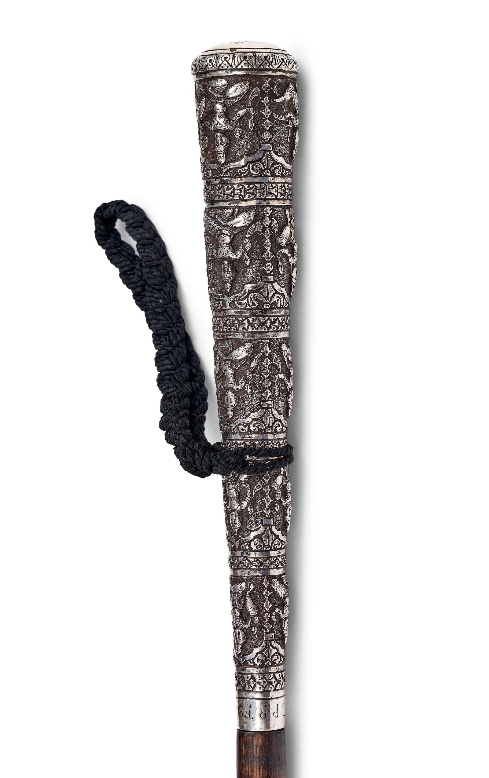 A SOUTHEAST ASIAN SILVER MOUNTED HARDWOOD WALKING CANE WITH MONOGRAMMED CAP, 19TH CENTURY (1 of 5)