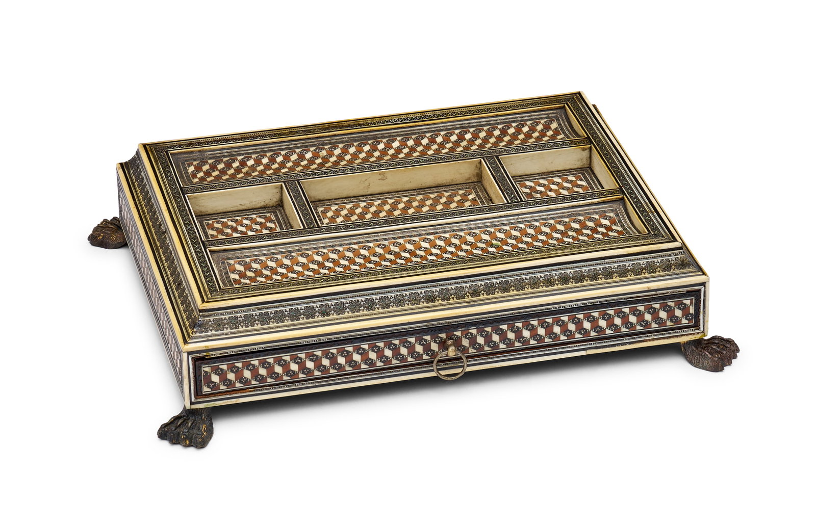 AN ANGLO-INDIAN SADELI MOSAIC DESK INK STAND, VIZAGAPATAM, 19TH CENTURY: This 19th-century desk stand is constructed of wood and extensively decorated with Sadeli micro-mosaic inlay. The Sadeli technique, characteristic of 19th-century craftsmanship from the Bombay and Sur
