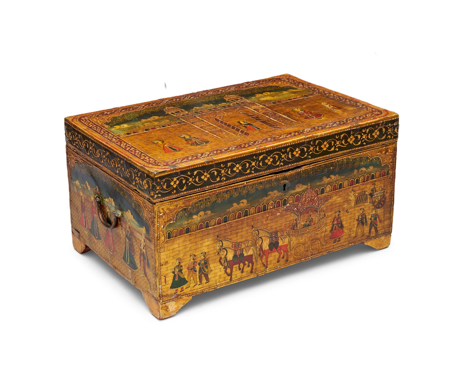 AN INDIAN POLYCHROME PAINTED WOODEN STORAGE CHEST, 19TH - 20TH CENTURY: A late nineteenth or early twentieth-century Indian storage chest constructed from wooden planks with a hinged lid and four bracket-style feet. The exterior is entirely decorated with polychrome narra