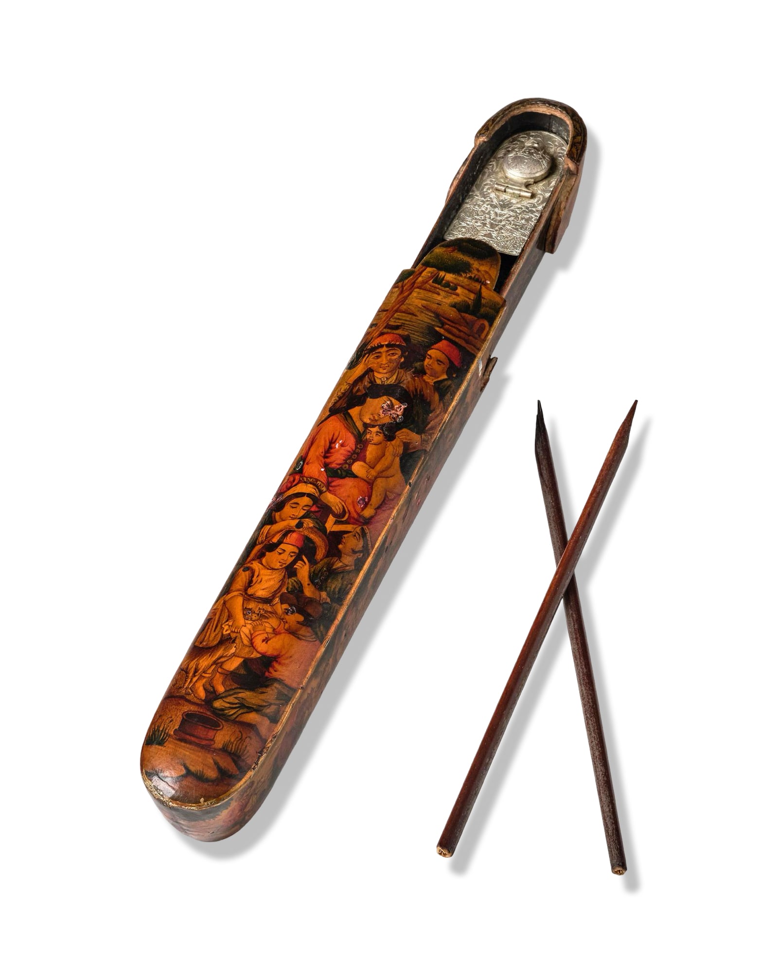 A QAJAR LACQUERED PAPIER-MACHE PEN CASE QALAMDAN, PERSIA, 19TH CENTURY: A nineteenth-century Persian qalamdan (pen case) constructed from papier-mâché with a fine polychrome-painted and varnished finish. The exterior surfaces are densely decorated with secula