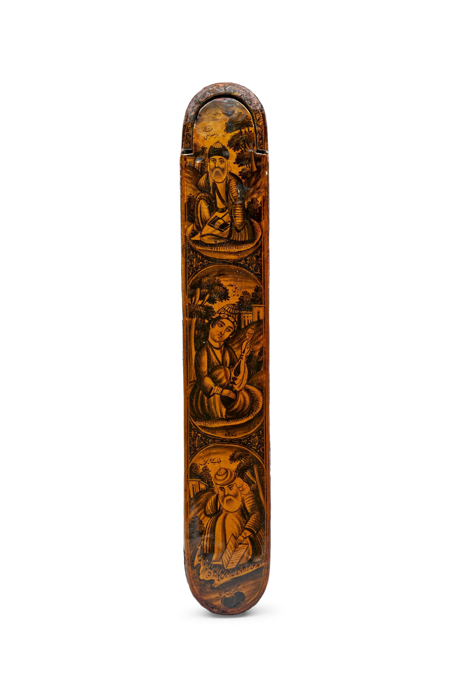 A QAJAR LACQUERED PAPER-MACHE PEN BOX QALAMDAN DEPICTING SUFI MASTERS, PERSIA, 19TH CENTURY (1 of 10)