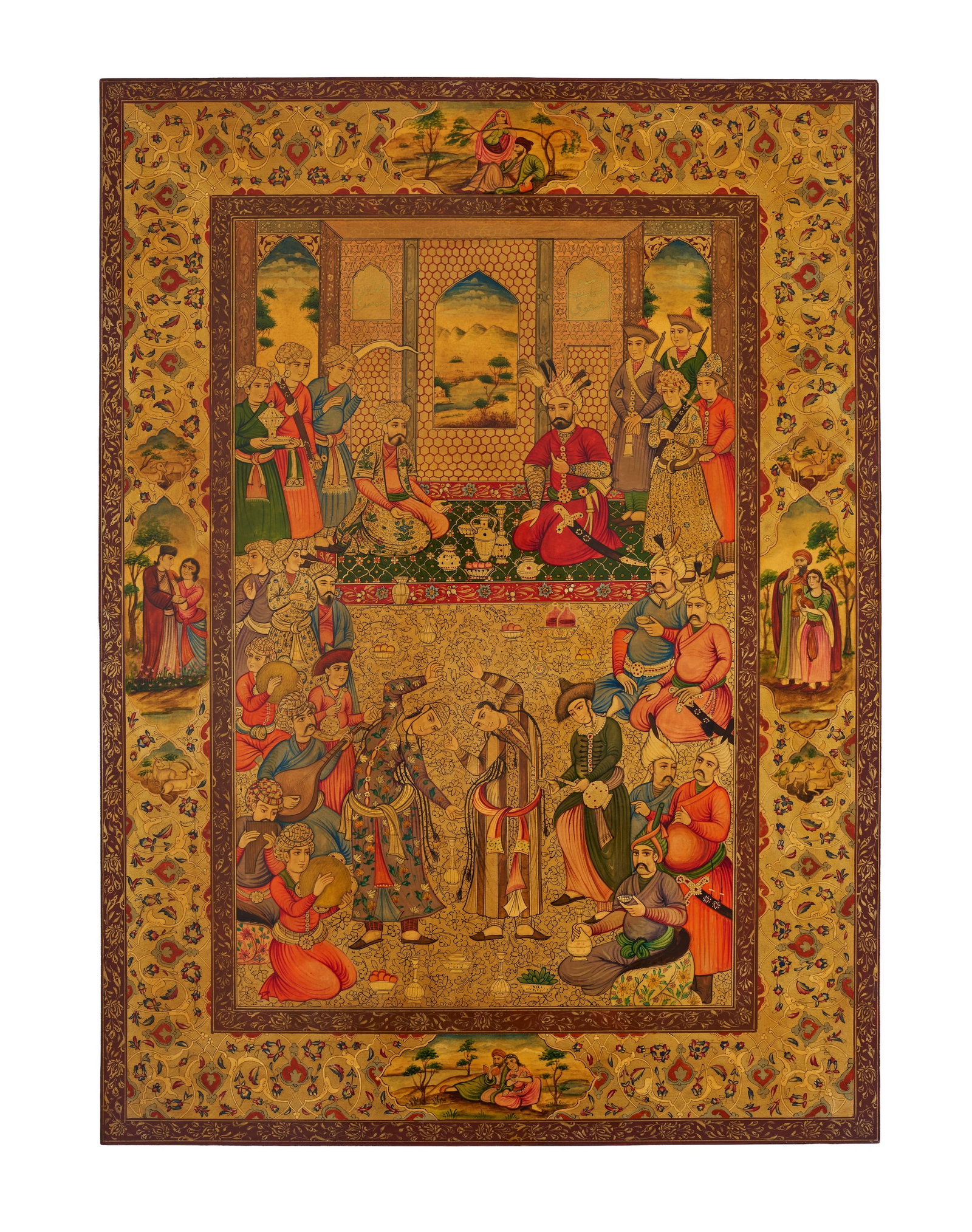 A PERSIAN LACQUERED DECORATIVE PANEL DEPICTING A COURTLY MAJLIS, 20TH CENTURY (1 of 5)