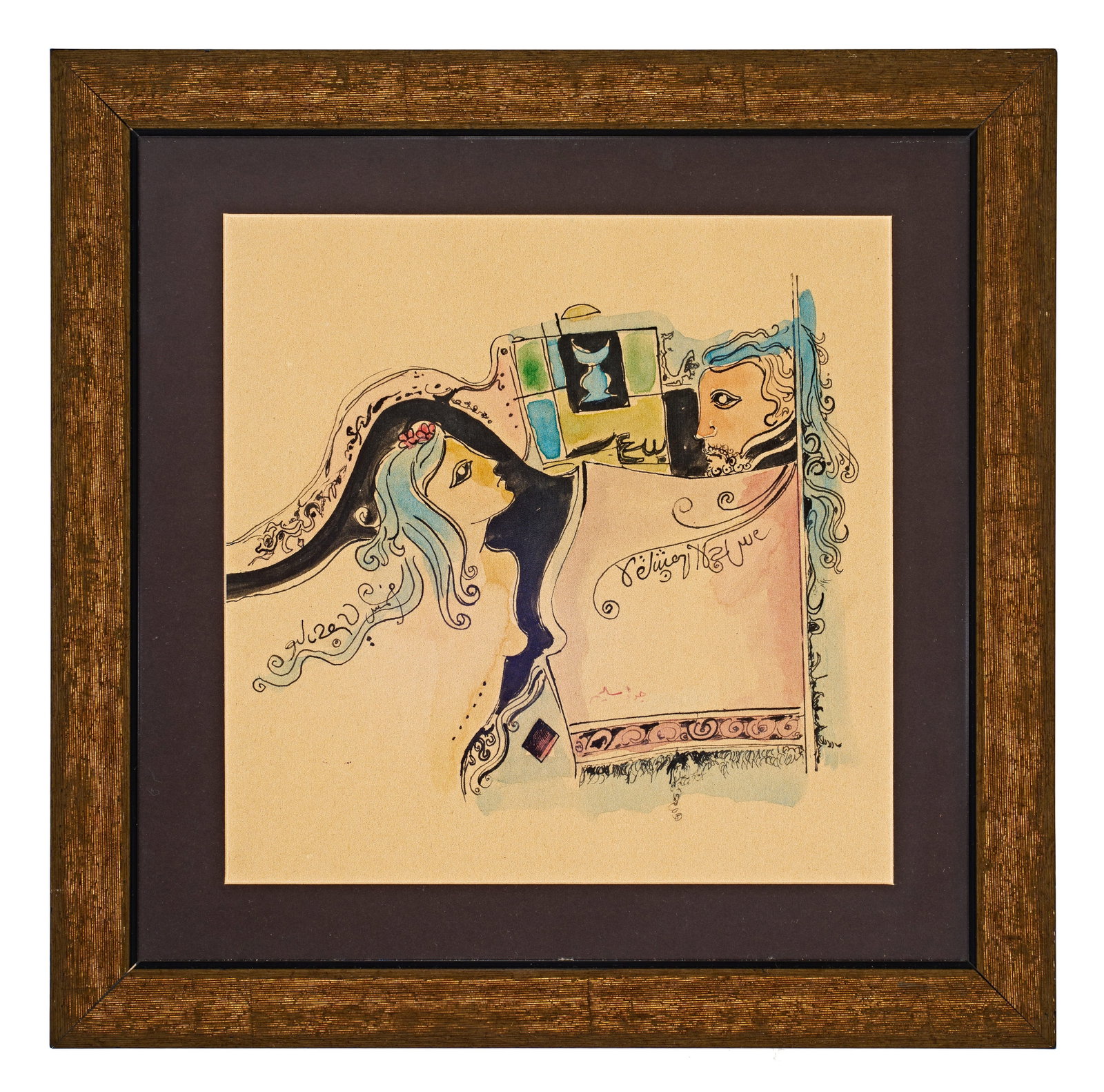 A RARE UNTITLED WATERCOLOUR PAINTING BY JEWAD SELIM (IRAQI, 1919-1961): A rare untitled mixed media work by the pioneering Iraqi modernist artist Jewad Selim (1919-1961). The composition is executed in pen, ink, and watercolour on tan paper, featuring two stylized figures