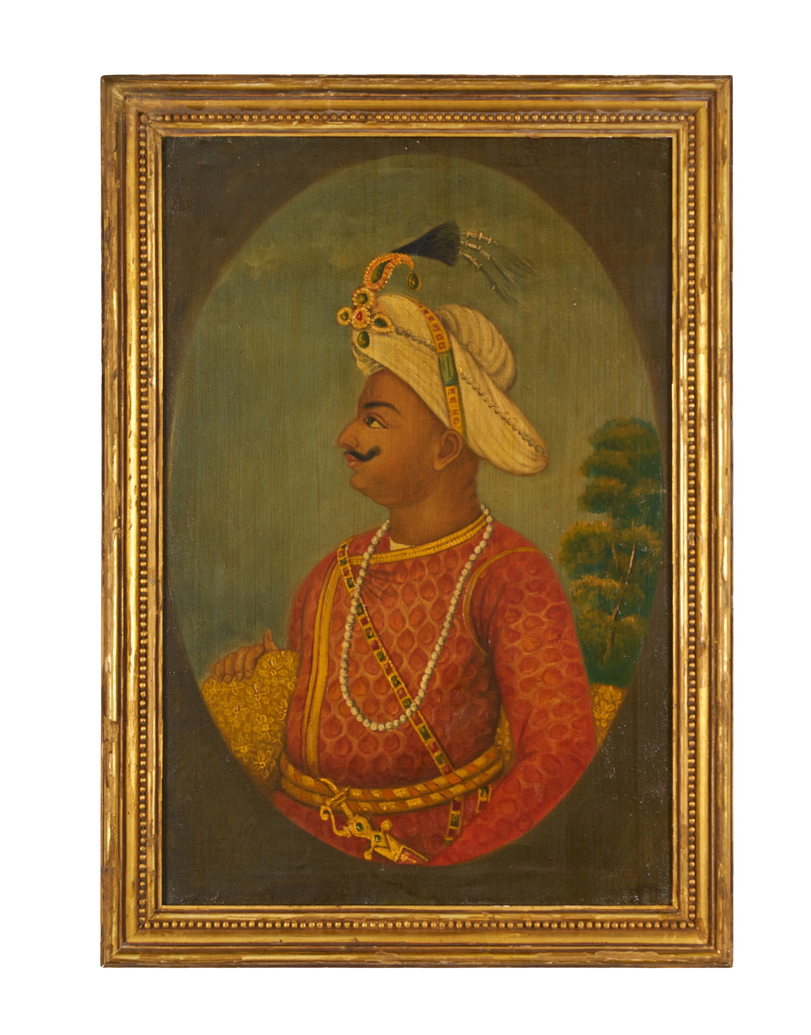 A PROFILE PORTRAIT OF TIPU SULTAN THE TIGER OF MYSORE, OIL ON CANVAS, 19TH CENTURY - 20TH CENTURY: A PROFILE PORTRAIT OF TIPU SULTAN THE TIGER OF MYSORE, OIL ON CANVAS, 19TH CENTURY - 20TH CENTURY This oil on canvas painting presents a profile portrait of Tipu Sultan, the Tiger of Mysore, executed 