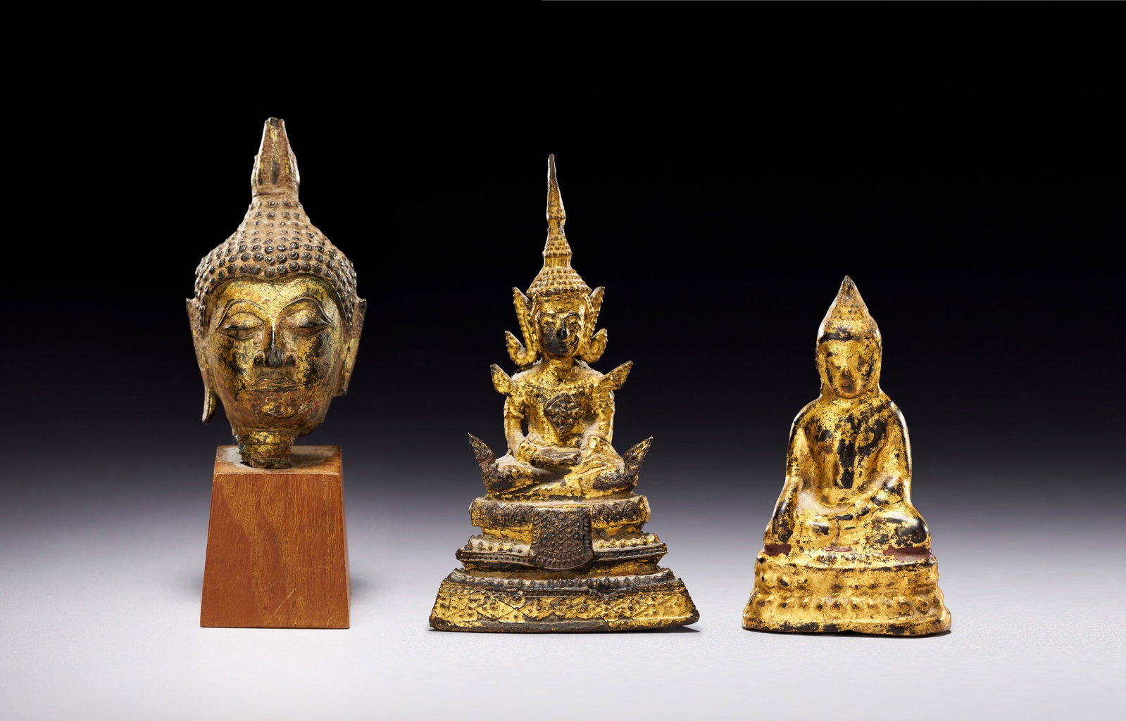 THREE THAI GILT BRONZE BUDDHA FIGURES, 18TH - 19TH CENTURY (1 of 15)
