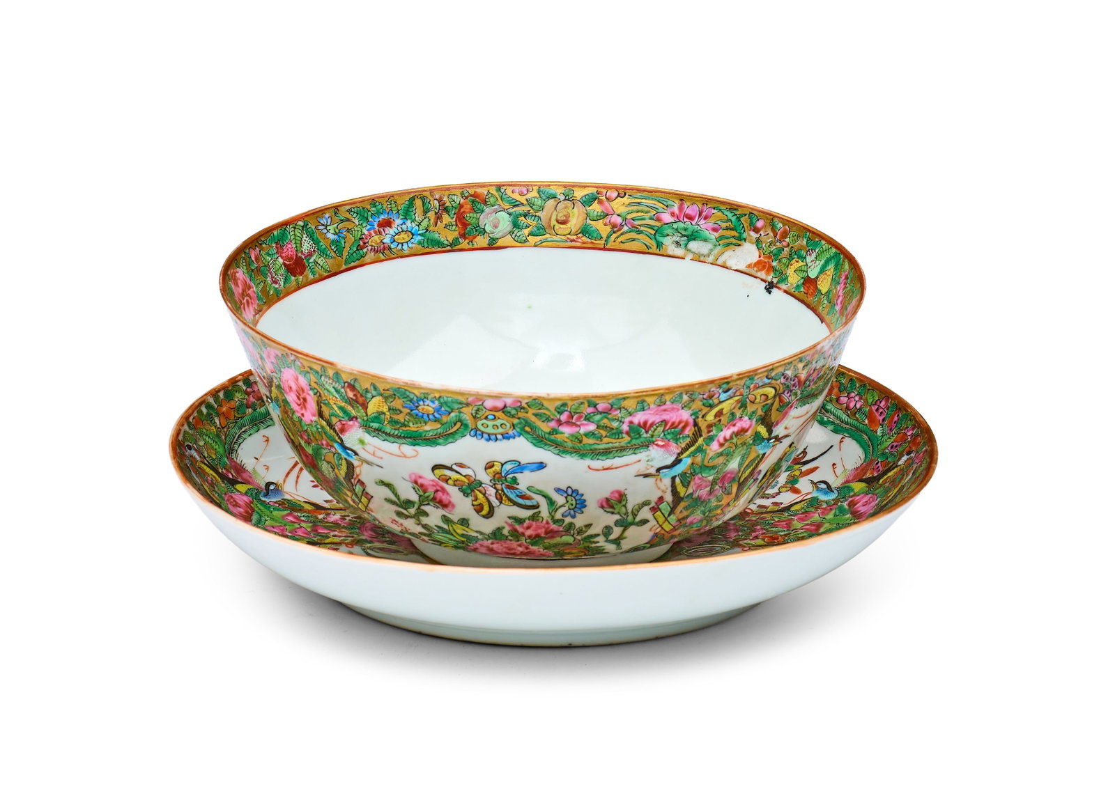 A CHINESE CANTON FAMILLE ROSE PORCELAIN BOWL AND DISH FOR THE PERSIAN MARKET, DATED 1299 AH (1881: A large Chinese export porcelain punch bowl and matching deep underplate, specifically commissioned for the Persian Qajar market. These late 19th-century Qing Dynasty pieces are decorated in overglaze