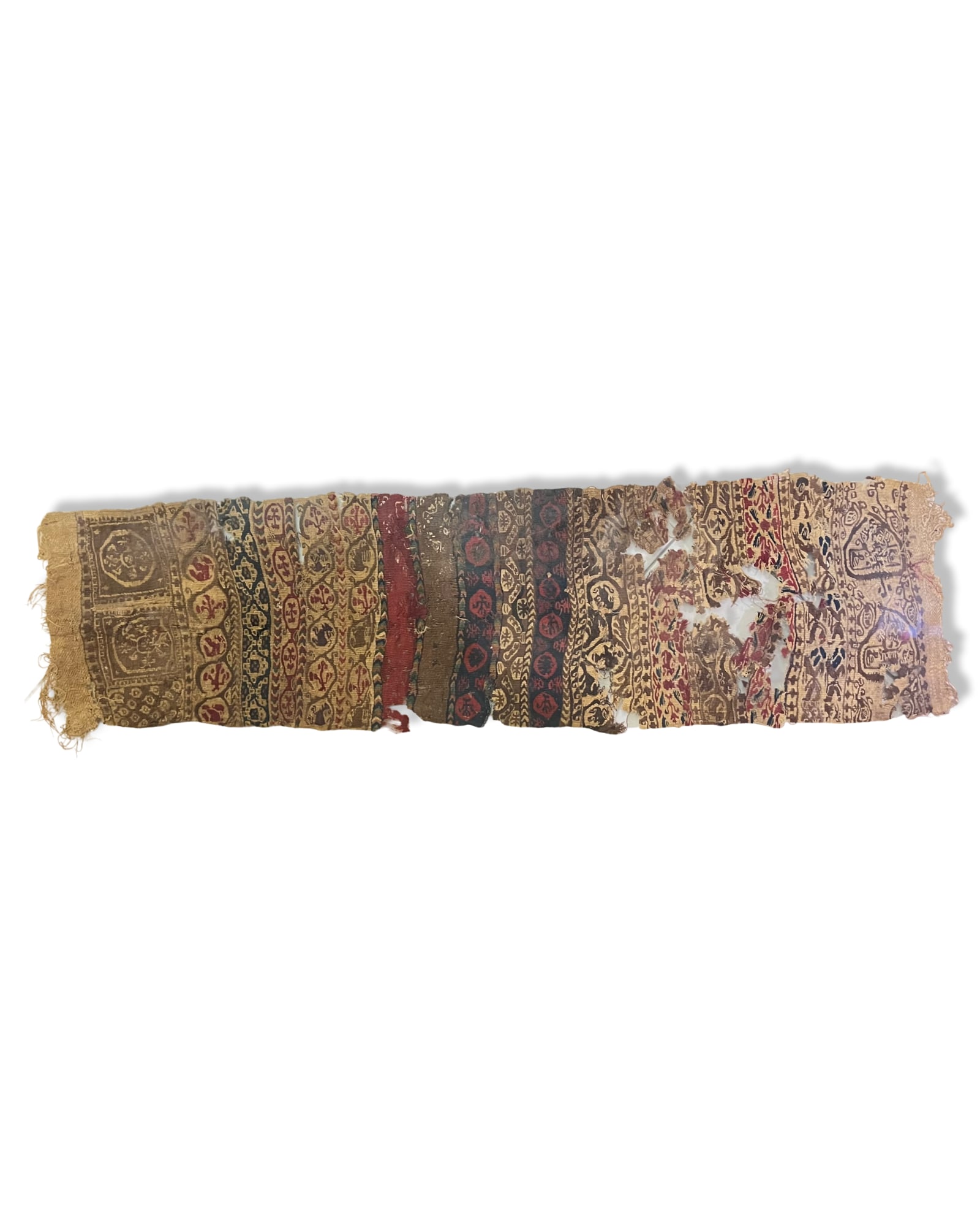 A COPTIC WOVEN LINEN AND WOOL TEXTILE FRAGMENT, EGYPT, 11TH - 12TH CENTURY: This is a tapestry-woven textile fragment originating from Late Antique Egypt. It is constructed from a linen ground with wool tapestry decoration in multiple decorative registers. The design features
