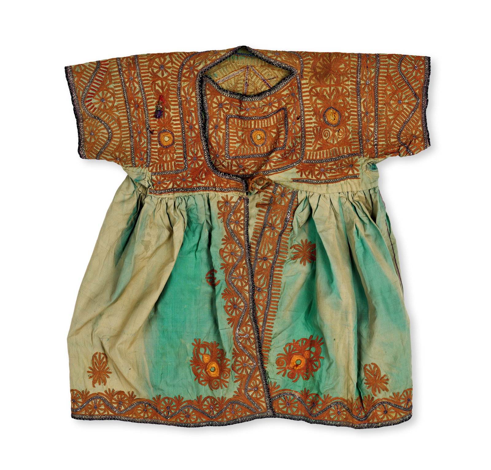 A CHILDS HAND-EMBROIDERED COTTON TUNIC DRESS,CENTRAL ASIAN, 19TH CENTURY: A nineteenth-century child's tunic-style dress from Central Asia, constructed from woven cotton fabric. The garment features a high-waisted yoke and short, wide-cut sleeves, both heavily decorated wit