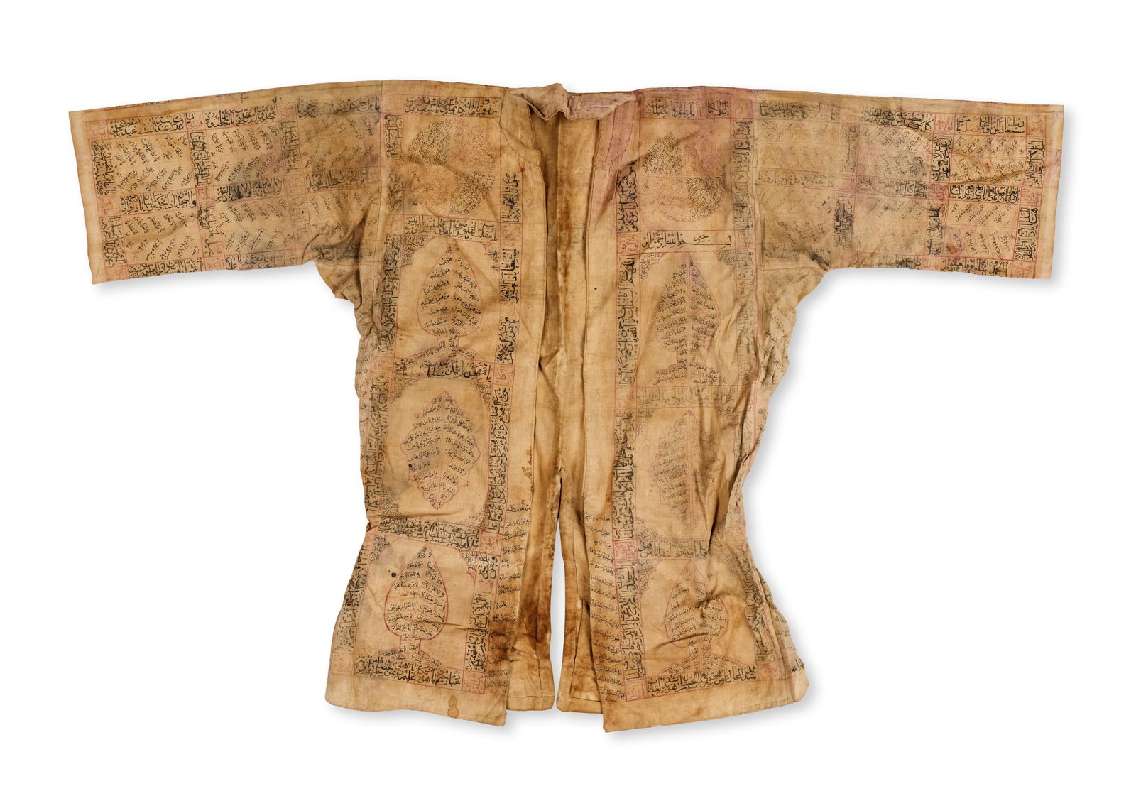 AN OTTOMAN TALISMANIC TALISMANIC SHIRT JAMA, TURKEY , 18TH - 19TH CENTURY: A T-shaped talismanic garment, known as a jama, crafted from hand-woven cream cotton. The entire surface is meticulously hand-inscribed with Arabic calligraphy in black and red inks. The design is str