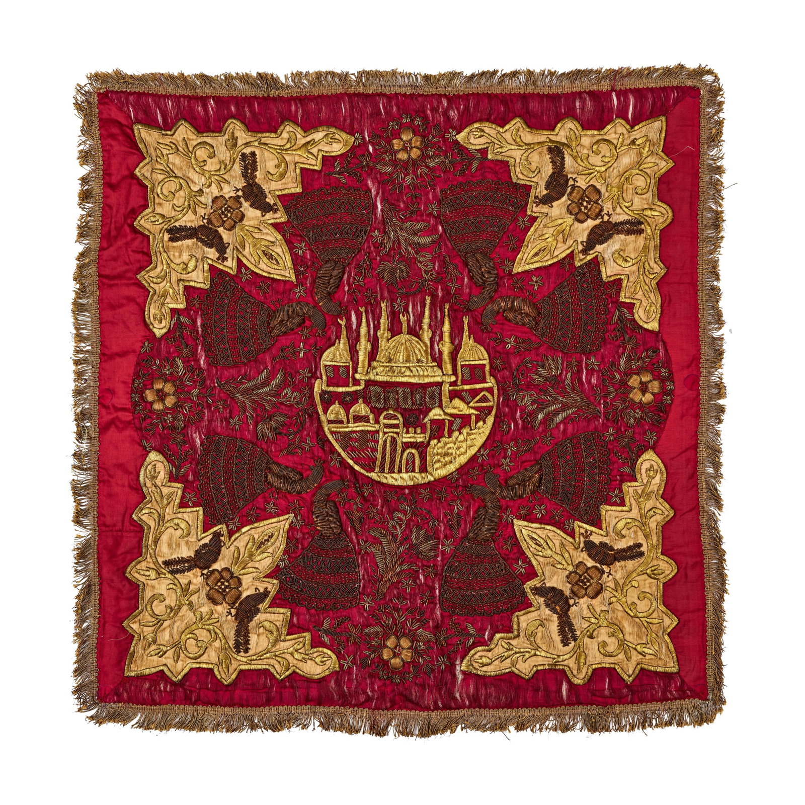 A LATE OTTOMAN EMBROIDERED RED SILK TEXTILE PANEL WITH ARCHITECTURAL MEDALLION, TURKEY, 19TH CENTURY (1 of 4)
