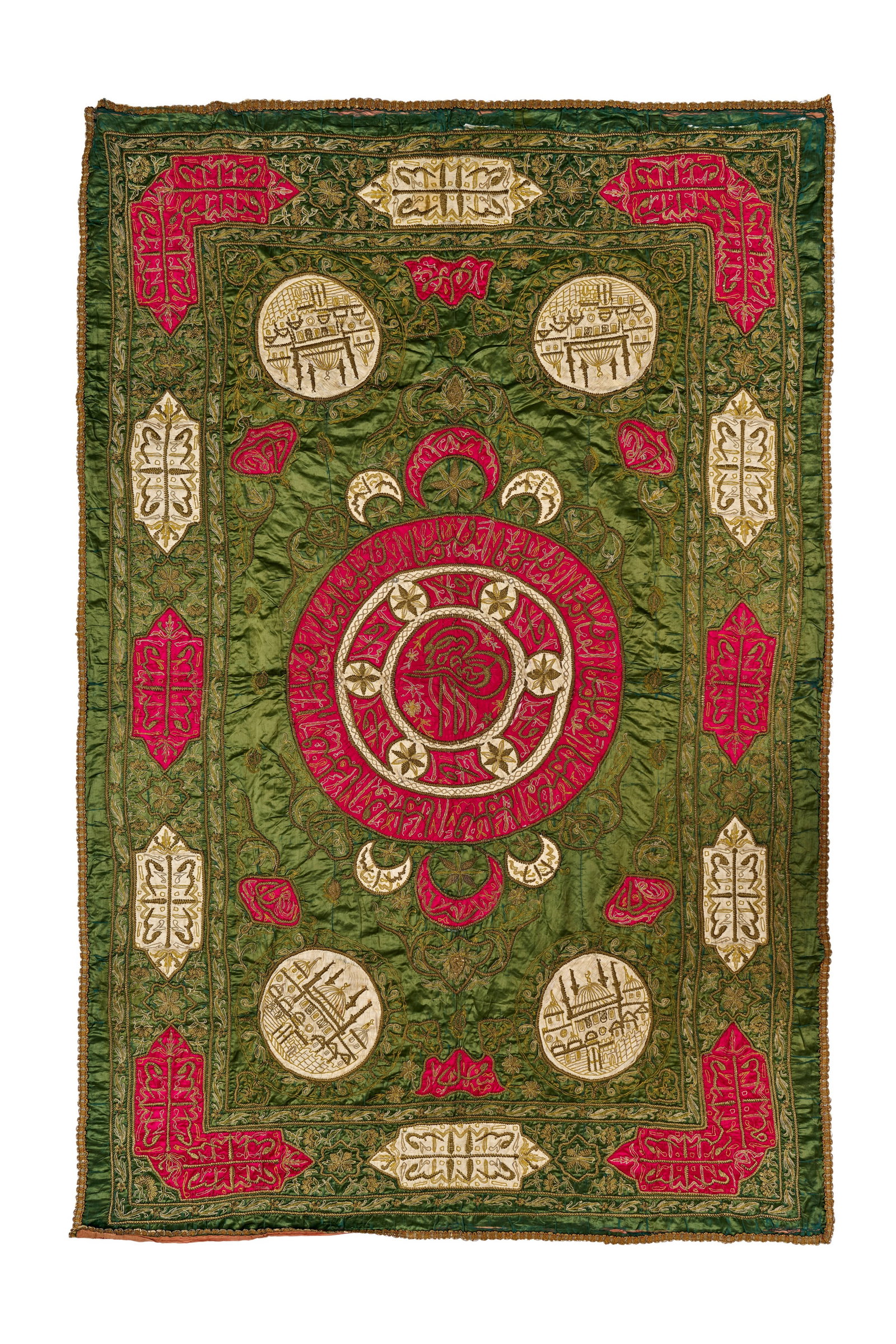 A LARGE METALLIC THREAD EMBROIDERED SILK PANEL FEATURING A ROYAL TUGHRA AND MOSQUE VIGNETTES, 19TH - (1 of 4)