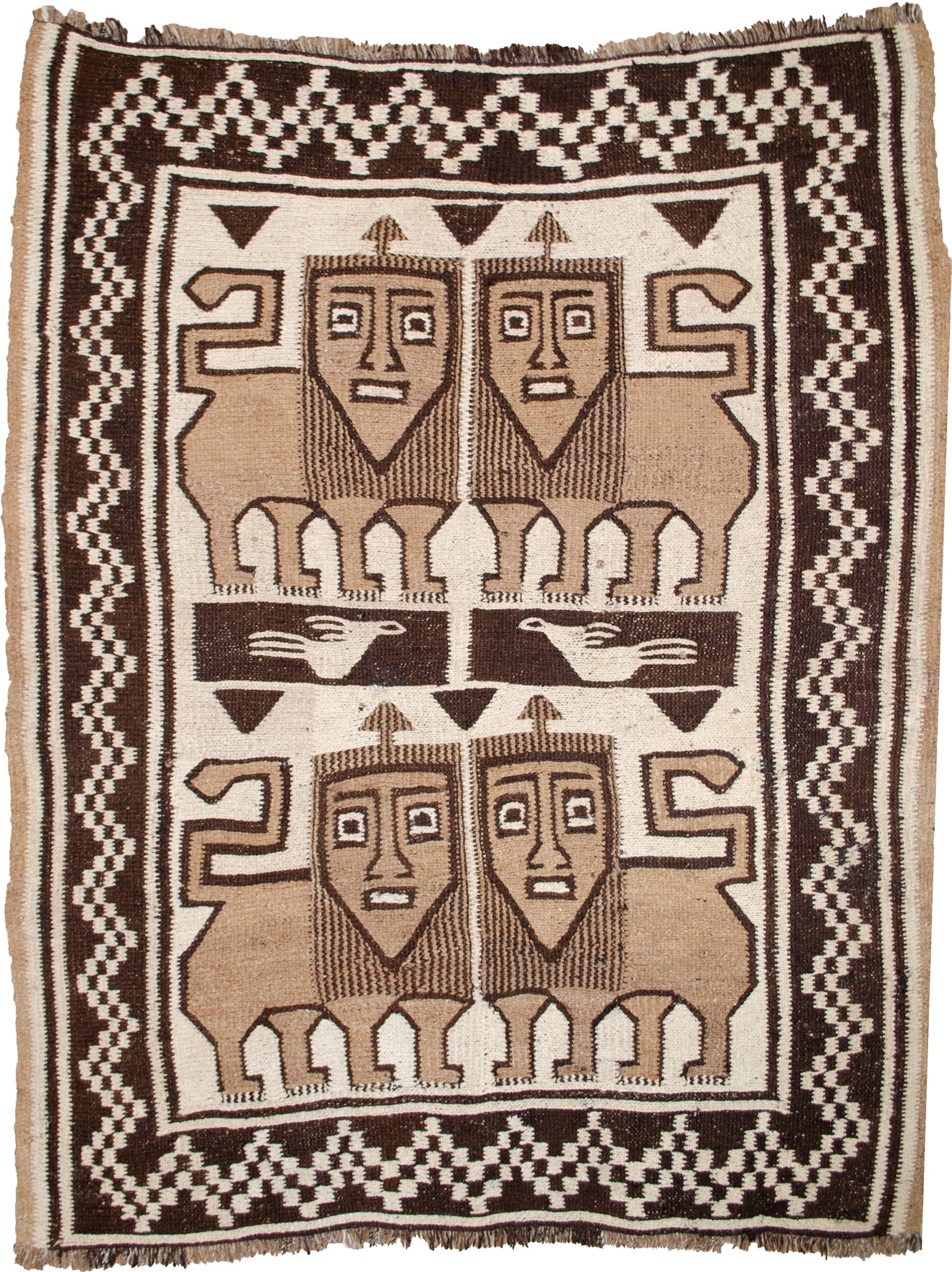 AN ANTIQUE BAKHTIARI GABBEH RUG CIRCA 1900: A large rectangular Bakhtiari Gabbeh flat-weave tribal rug produced circa 1900. The textile is executed in a palette of natural, undyed wool colours including chocolate brown, tan, and ivory. The cent