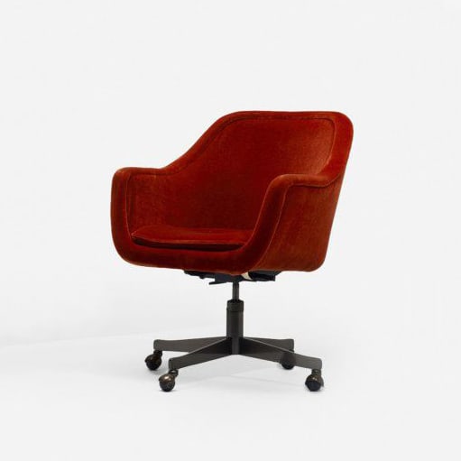 Office Chair by Ward Bennett (American, 1917-2003): Designer: Ward Bennett Title: Office Chair Date: c. 1965 Materials: Nickel-plated steel, rubber, foam, velvet Dimensions: 27.5 x 28 x 33.5 inches 69.9 x 71.1 x 85.1 cm Description: Acclaimed Artist an