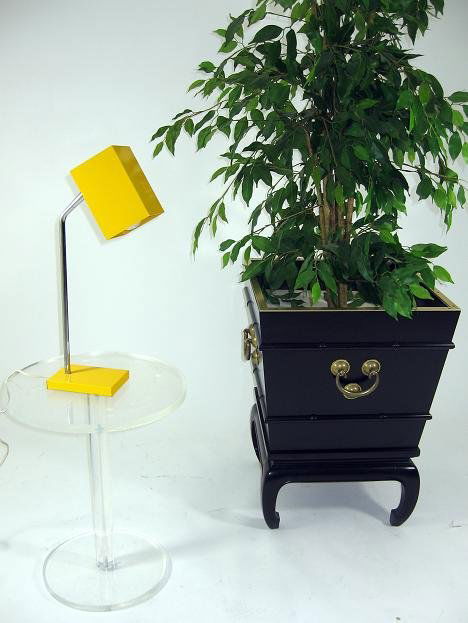 RARE KOVACS LAMP MID CENTURY MODERN EAMES ERA: Colorful George Kovacs box table lamp in rare yellow. All metal construction with chrome details. Measures 21 1/2" t x 4" w x 9" d.