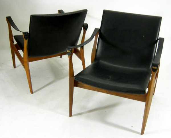 DANISH FRITZ HANSEN SAFARI CHAIRS CLEMMENSEN: DANISH MODERN SAFARI CHAIRS DESIGNED MID CENTURY ARCHITECTS KAREN & EBBE CLEMMENSEN OF DENMARK AND PRODUCED BY FRITZ HANSEN C. 1950s-60s BEAUTIFUL TEAK CONSTRUCTION WITH WORN LEATHER UPHOLSTERY. EACH