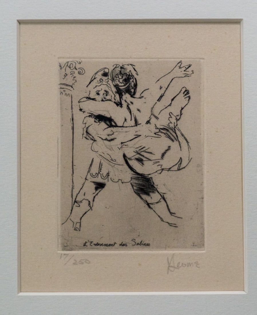 Rape of the Sabines - L''Entrument des Sabines: Limited Edition etching portraying of the Sabines - L''Entrument des Sabines, signed lower right corner and numbered 17/250 lower left corner. Flaking damage to top of frame. Jack Levine