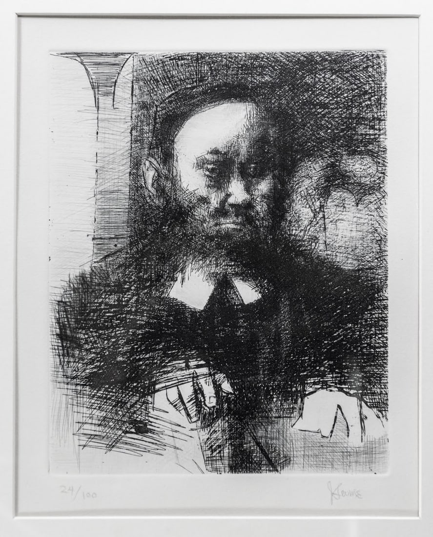 Bearded Man: Limited Edition wood block etching depicting a bearded man, hand signed lower right corner and numbered 24/100 lower left corner, double mat black and cream. Letter of Authenticity. Jack Levine
