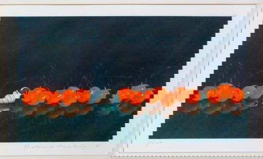 At The Window: Limited Edition Mezzotint on paper depicting bright red cherries and 1 sea shell, signed and dated 1981 lower left corner and numbered 87/100. Nobuo Satoh