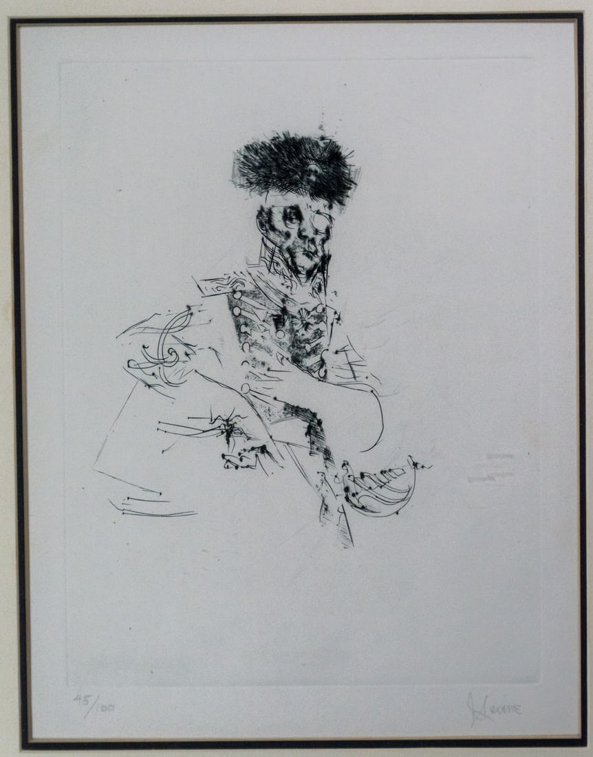 Deaths Head Hussar: Limited Edition etching and dry point on paper, signed lower right corner and numbered 45/100 lower left corner double matted black and cream. Jack Levine
