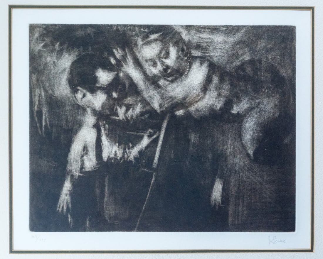 Artist and Muse: Limited Edition etching signed lower right corner and numbered 39/100 lower left corner dated August 22, 1974. Jack Levine