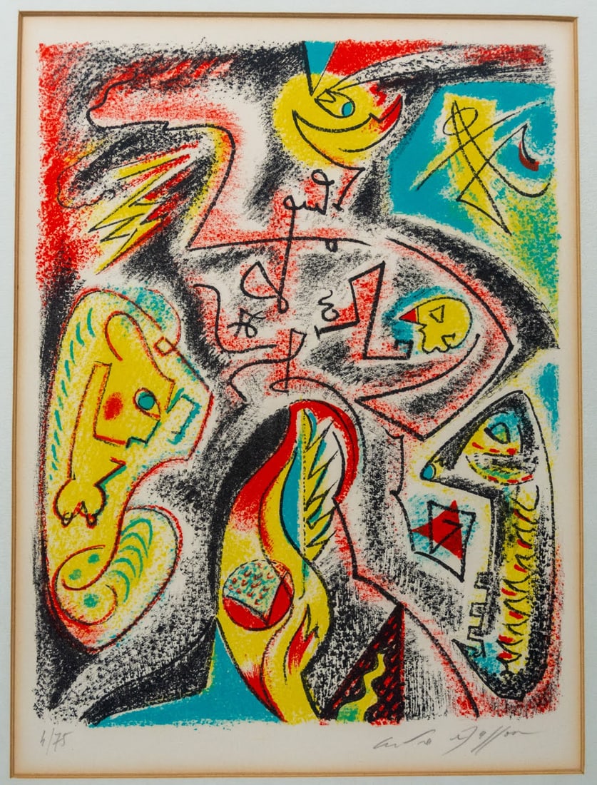 Whimsey: Colored lithograph signed lower right corner and numbered 6/75 lower left corner. Andre Masson
