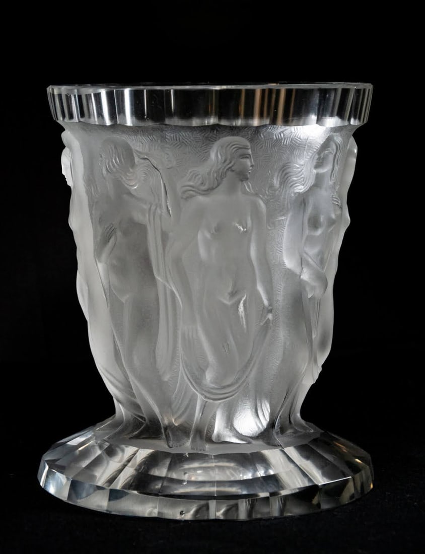 Hoffman Art Deco Nude Ladies Vase: Clear and Frosted Glass Vase with raised figures of revelling bacchantes. Hofman butterfly makers mark on bottom