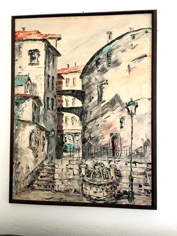 LARGE FRED RONER OIL PAINTING CITY SCENE AMERICAN: Fred Roner, American Title: French Village Year: circa 1950 Medium: Oil 36 X 48