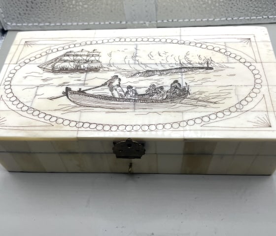 SCRIMSHAW FOLK ART HINGED BOX WHALE HUNT: About 6" X 3" from a nautical collector
