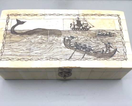SCRIMSHAW WHALER BOAT FOLK ART HINGED BOX: About 6" X 3" from a nautical collector