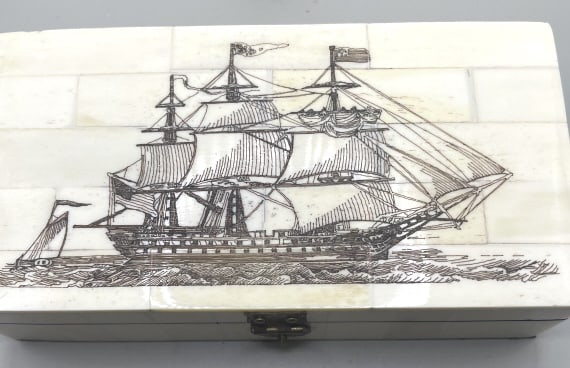 SCRIMSHAW TALL BOAT HINGED BOX FOLK ART: About 6" X 3" from a nautical collector