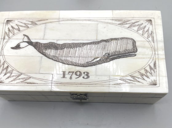 SCRIMSHAW HINGED BOX OF A WHALE 1793: About 6" X 3" from a nautical collector