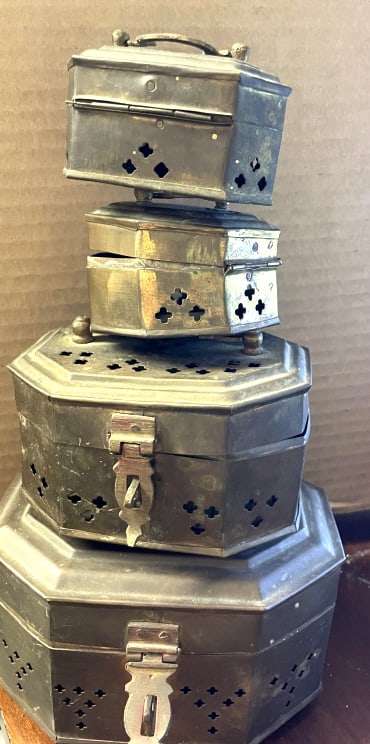 COLLECTION OF 4 VINTAGE BRASS CRICKETT BOXES: Largest 7" wide by 3 1/2" tall, some with locks, all purchased in the Orient