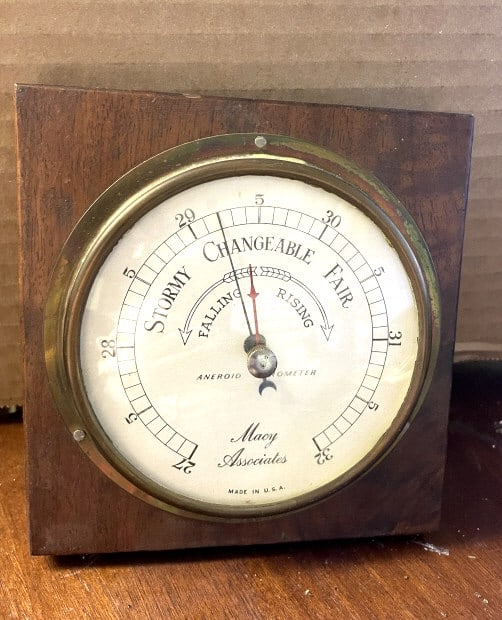 ANEROID BAROMETER UNITED STATES MADE: 4 1/2" ROUND, mounted on wood, from a Coast Guard boat