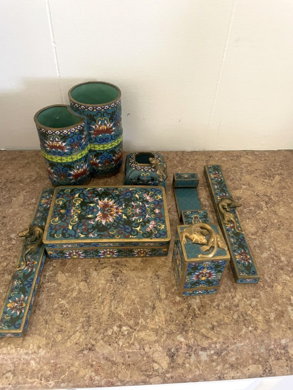 CHINESE ANTIQUE CLOISONNE 7 PIECE DESK SET DRAGON (1 of 5)