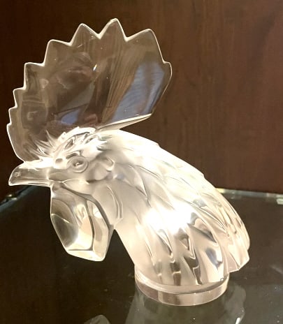 LALIQUE TETE DE COQ" ROOSTER CAR MASCOT: Etched "Lalique France" on the bottom; 7" x 6" x 3"; Excellent Condition