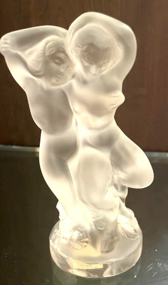 LALIQUE "FAUNE" FROSTED NUDE GLASS FIGURINE: Lalique "Faune" frosted glass figurine, Depicting Faune & Woman, figure measuring 5.5" tall. Signed on base "Lalique France"